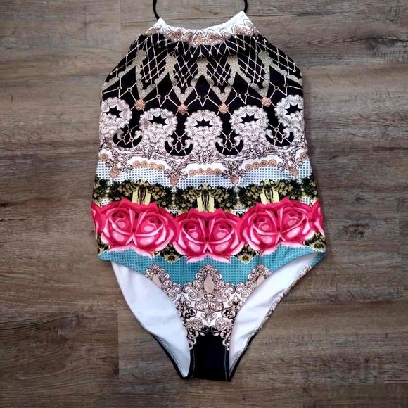 Floral and Geo Pattern Multi Color One Piece High Back Halter Top Size Large - Picture 1 of 5